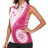 Bula Fiji Women Sleeveless Polo Shirt Pink Plumeria Masi Tapa Pattern - Polynesian Pride