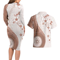 Bula Fiji Couples Matching Long Sleeve Bodycon Dress and Hawaiian Shirt Brown Plumeria Masi Tapa Pattern - Polynesian Pride