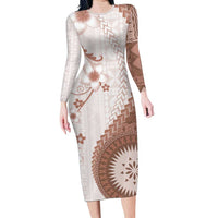 Bula Fiji Family Matching Long Sleeve Bodycon Dress and Hawaiian Shirt Brown Plumeria Masi Tapa Pattern LT05 Mom's Dress Brown - Polynesian Pride