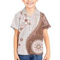 Bula Fiji Family Matching Long Sleeve Bodycon Dress and Hawaiian Shirt Brown Plumeria Masi Tapa Pattern LT05 Son's Shirt Brown - Polynesian Pride