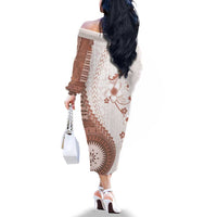 Bula Fiji Family Matching Off The Shoulder Long Sleeve Dress and Hawaiian Shirt Brown Plumeria Masi Tapa Pattern LT05 - Polynesian Pride