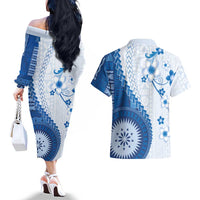 Bula Fiji Couples Matching Off The Shoulder Long Sleeve Dress and Hawaiian Shirt Blue Plumeria Masi Tapa Pattern - Polynesian Pride