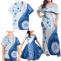 Bula Fiji Family Matching Off Shoulder Maxi Dress and Hawaiian Shirt Blue Plumeria Masi Tapa Pattern LT05 - Polynesian Pride