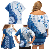 Bula Fiji Family Matching Off Shoulder Short Dress and Hawaiian Shirt Blue Plumeria Masi Tapa Pattern LT05 - Polynesian Pride