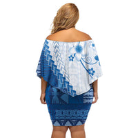 Bula Fiji Family Matching Off Shoulder Short Dress and Hawaiian Shirt Blue Plumeria Masi Tapa Pattern LT05 - Polynesian Pride