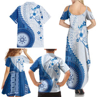Bula Fiji Family Matching Summer Maxi Dress and Hawaiian Shirt Blue Plumeria Masi Tapa Pattern LT05 - Polynesian Pride