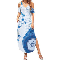 Bula Fiji Family Matching Summer Maxi Dress and Hawaiian Shirt Blue Plumeria Masi Tapa Pattern LT05 Mom's Dress Blue - Polynesian Pride