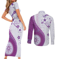 Bula Fiji Couples Matching Short Sleeve Bodycon Dress and Long Sleeve Button Shirt Violet Plumeria Masi Tapa Pattern - Polynesian Pride