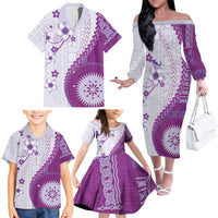 Bula Fiji Family Matching Off The Shoulder Long Sleeve Dress and Hawaiian Shirt Violet Plumeria Masi Tapa Pattern LT05 - Polynesian Pride