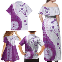 Bula Fiji Family Matching Off Shoulder Maxi Dress and Hawaiian Shirt Violet Plumeria Masi Tapa Pattern LT05 - Polynesian Pride