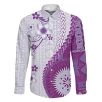 Bula Fiji Family Matching Off Shoulder Maxi Dress and Hawaiian Shirt Violet Plumeria Masi Tapa Pattern LT05 Dad's Shirt - Long Sleeve Violet - Polynesian Pride