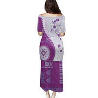 Bula Fiji Family Matching Puletasi and Hawaiian Shirt Violet Plumeria Masi Tapa Pattern - Polynesian Pride