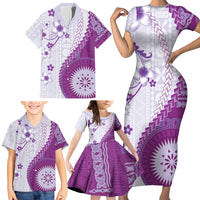 Bula Fiji Family Matching Short Sleeve Bodycon Dress and Hawaiian Shirt Violet Plumeria Masi Tapa Pattern LT05 - Polynesian Pride