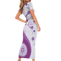 Bula Fiji Family Matching Short Sleeve Bodycon Dress and Hawaiian Shirt Violet Plumeria Masi Tapa Pattern LT05 - Polynesian Pride