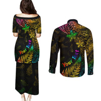 Personalised New Zealand Wellington Pride Couples Matching Puletasi and Long Sleeve Button Shirt Rainbow Silver Fern Paua Shell LT05 - Polynesian Pride