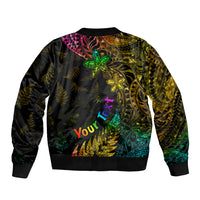 Personalised New Zealand Wellington Pride Sleeve Zip Bomber Jacket Rainbow Silver Fern Paua Shell LT05 - Polynesian Pride