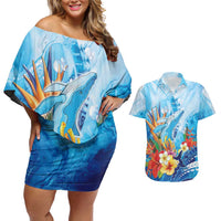 Polynesia Humpback Whale Couples Matching Off Shoulder Short Dress and Hawaiian Shirt Ocean Style