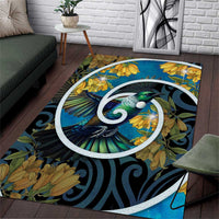 New Zealand Tui Bird Area Rug Maori Koru With Kowhai Flowers