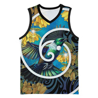 New Zealand Tui Bird Basketball Jersey Maori Koru With Kowhai Flowers LT05 Unisex Black - Polynesian Pride