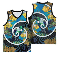 New Zealand Tui Bird Basketball Jersey Maori Koru With Kowhai Flowers LT05 - Polynesian Pride
