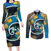 New Zealand Tui Bird Couples Matching Long Sleeve Bodycon Dress and Long Sleeve Button Shirt Maori Koru With Kowhai Flowers LT05 Black - Polynesian Pride