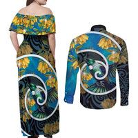 New Zealand Tui Bird Couples Matching Off Shoulder Maxi Dress and Long Sleeve Button Shirt Maori Koru With Kowhai Flowers LT05 - Polynesian Pride