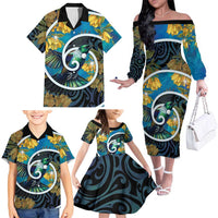 New Zealand Tui Bird Family Matching Off The Shoulder Long Sleeve Dress and Hawaiian Shirt Maori Koru With Kowhai Flowers LT05 - Polynesian Pride