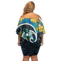 New Zealand Tui Bird Family Matching Off Shoulder Short Dress and Hawaiian Shirt Maori Koru With Kowhai Flowers LT05 - Polynesian Pride