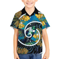 New Zealand Tui Bird Family Matching Off Shoulder Short Dress and Hawaiian Shirt Maori Koru With Kowhai Flowers LT05 Son's Shirt Black - Polynesian Pride