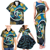 New Zealand Tui Bird Family Matching Tank Maxi Dress and Hawaiian Shirt Maori Koru With Kowhai Flowers LT05 - Polynesian Pride