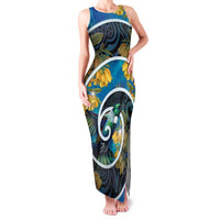 New Zealand Tui Bird Family Matching Tank Maxi Dress and Hawaiian Shirt Maori Koru With Kowhai Flowers LT05 Mom's Dress Black - Polynesian Pride
