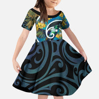 New Zealand Tui Bird Kid Short Sleeve Dress Maori Koru With Kowhai Flowers LT05 KID Black - Polynesian Pride