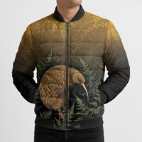 New Zealand Kiwi Bird Bomber Puffer Jacket Silver Fern Mix Maori Pattern