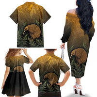New Zealand Kiwi Bird Family Matching Off The Shoulder Long Sleeve Dress and Hawaiian Shirt Silver Fern Mix Maori Pattern LT05 - Polynesian Pride