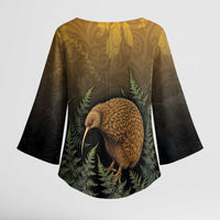 New Zealand Kiwi Bird Kimono Sleeve Blouse Silver Fern Mix Maori Pattern