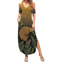New Zealand Kiwi Bird Summer Maxi Dress Silver Fern Mix Maori Pattern