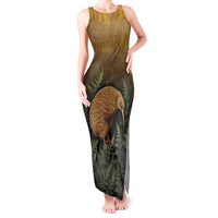 New Zealand Kiwi Bird Tank Maxi Dress Silver Fern Mix Maori Pattern