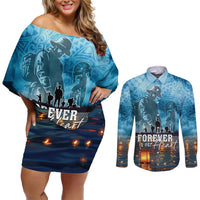 Hawaii Memorial Day Lantern Floating Couples Matching Off Shoulder Short Dress and Long Sleeve Button Shirt Always In Our Hearts LT05 Blue - Polynesian Pride