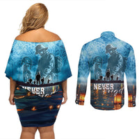 Hawaii Memorial Day Lantern Floating Couples Matching Off Shoulder Short Dress and Long Sleeve Button Shirt Always In Our Hearts LT05 - Polynesian Pride