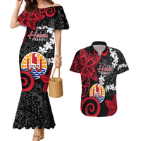 Tahiti Heiva Festival Couples Matching Mermaid Dress and Hawaiian Shirt Floral Pattern With Coat Of Arms LT05 Black - Polynesian Pride