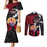 Tahiti Heiva Festival Couples Matching Mermaid Dress and Long Sleeve Button Shirt Floral Pattern With Coat Of Arms LT05 Black - Polynesian Pride