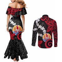 Tahiti Heiva Festival Couples Matching Mermaid Dress and Long Sleeve Button Shirt Floral Pattern With Coat Of Arms LT05 - Polynesian Pride