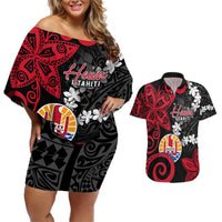 Tahiti Heiva Festival Couples Matching Off Shoulder Short Dress and Hawaiian Shirt Floral Pattern With Coat Of Arms LT05 Black - Polynesian Pride