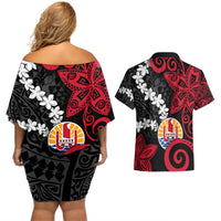 Tahiti Heiva Festival Couples Matching Off Shoulder Short Dress and Hawaiian Shirt Floral Pattern With Coat Of Arms LT05 - Polynesian Pride
