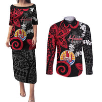 Tahiti Heiva Festival Couples Matching Puletasi and Long Sleeve Button Shirt Floral Pattern With Coat Of Arms LT05 Black - Polynesian Pride