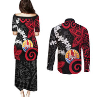 Tahiti Heiva Festival Couples Matching Puletasi and Long Sleeve Button Shirt Floral Pattern With Coat Of Arms LT05 - Polynesian Pride