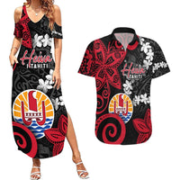Tahiti Heiva Festival Couples Matching Summer Maxi Dress and Hawaiian Shirt Floral Pattern With Coat Of Arms LT05 Black - Polynesian Pride