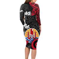 Tahiti Heiva Festival Long Sleeve Bodycon Dress Floral Pattern With Coat Of Arms LT05 - Polynesian Pride