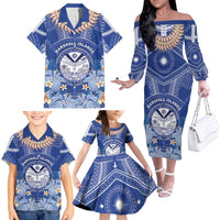 Marshall Islands Jemenei Day Family Matching Off The Shoulder Long Sleeve Dress and Hawaiian Shirt Polynesian Tribal Tattoo Seashell Necklace