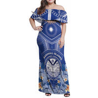 Marshall Islands Jemenei Day Family Matching Off Shoulder Maxi Dress and Hawaiian Shirt Polynesian Tribal Tattoo Seashell Necklace